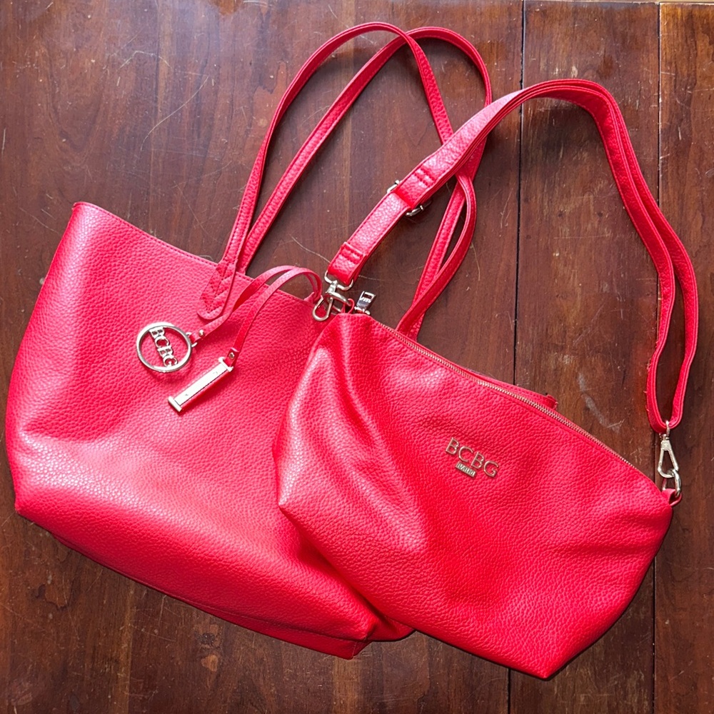 NWOT • BCBG Bright Red Pebbled Leather Tote and Shoulder Bag